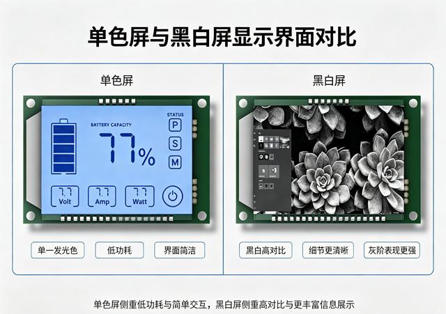 单色屏与黑白屏的对比